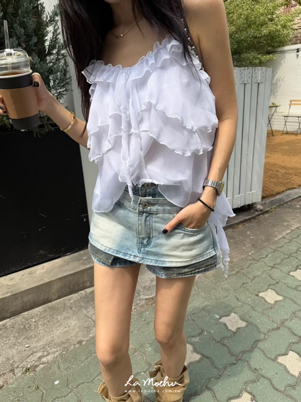 層次紗細肩蕾絲上衣